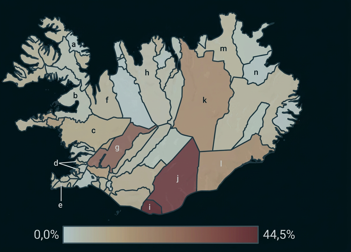 Karte Islands mit farblich markierten Regionen, Buchstabenkennzeichnungen und einer Farbskala von 0,0 bis 44,5 Prozent.